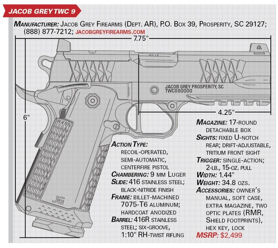 Jacob Grey TWC 9 specifications graphic gun pistol 9 mm information dimensions build sheet contact information