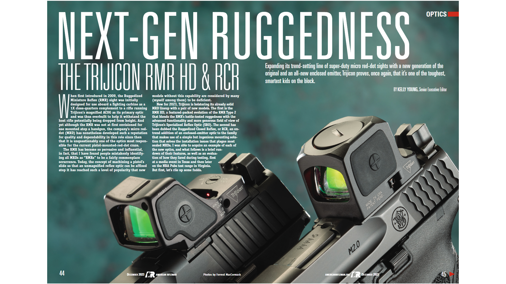 American Rifleman magazine spread Trijicon NEXT-GEN RUGGEDNESS The TRIJICON RMR HD & RCR by Kelly Young text on image with handguns optics