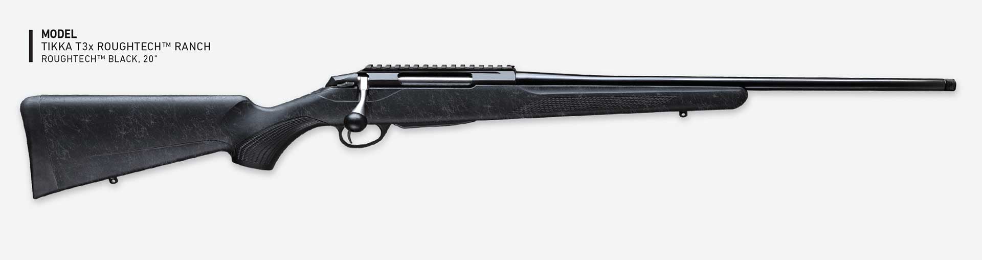 Right side of the all-black Tikka T3x Roughtech Ranch bolt-action rifle.