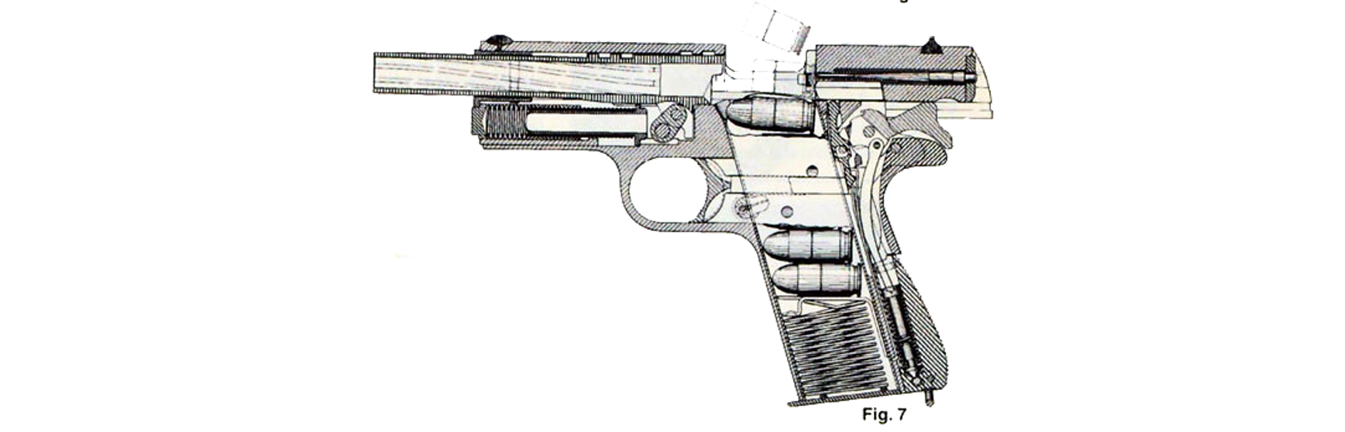 M1911 left-side line drawing x-ray view showing a fired case ejection phase