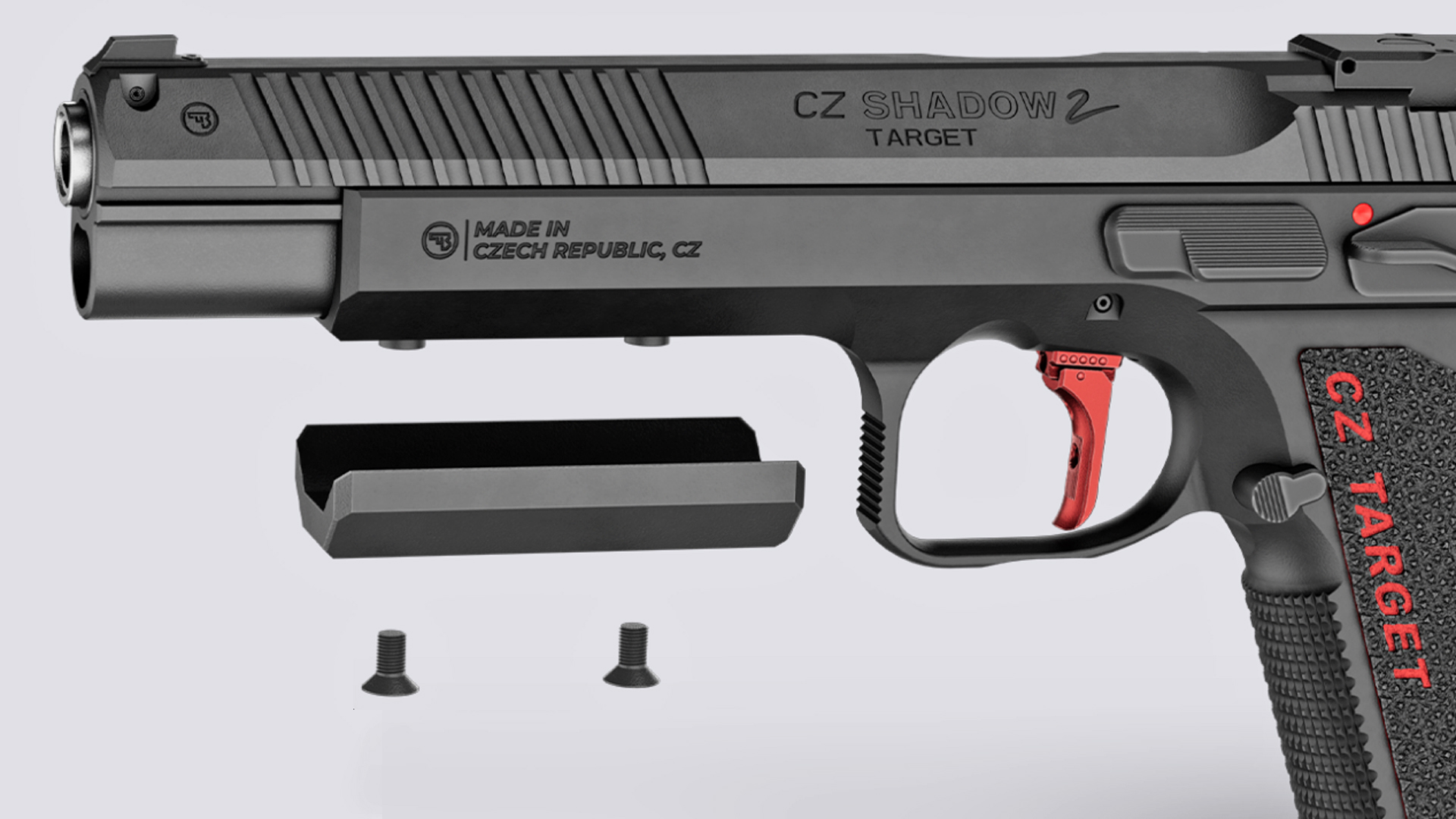 A removable weight shown next to the frame of the CZ Shadow 2 Target.