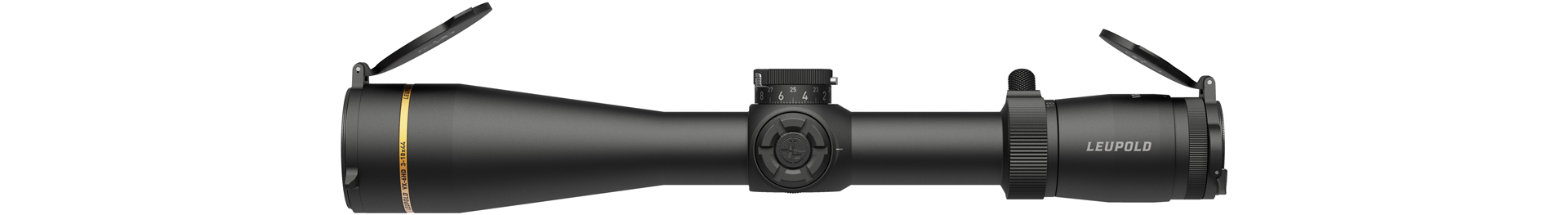 New For 2025: Leupold VX-6HD Gen 2 riflescope left-side view with flip-up scope caps gold ring white background