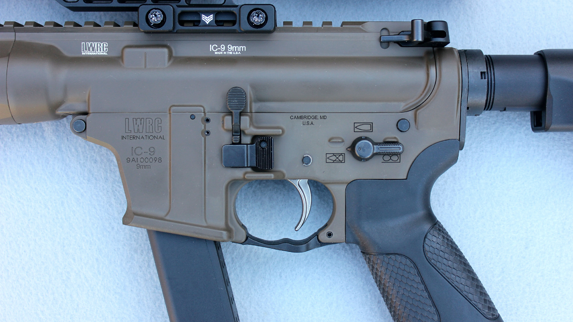 LWRCI IC 9 Carbine left-side controls gun receivers trigger buttons levers grip magazine Patriot Brown Cerakote color finish