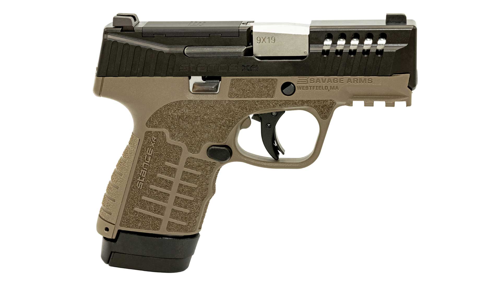 Right side of a two-tone black and tan Savage Arms Stance XR with an extended magazine.