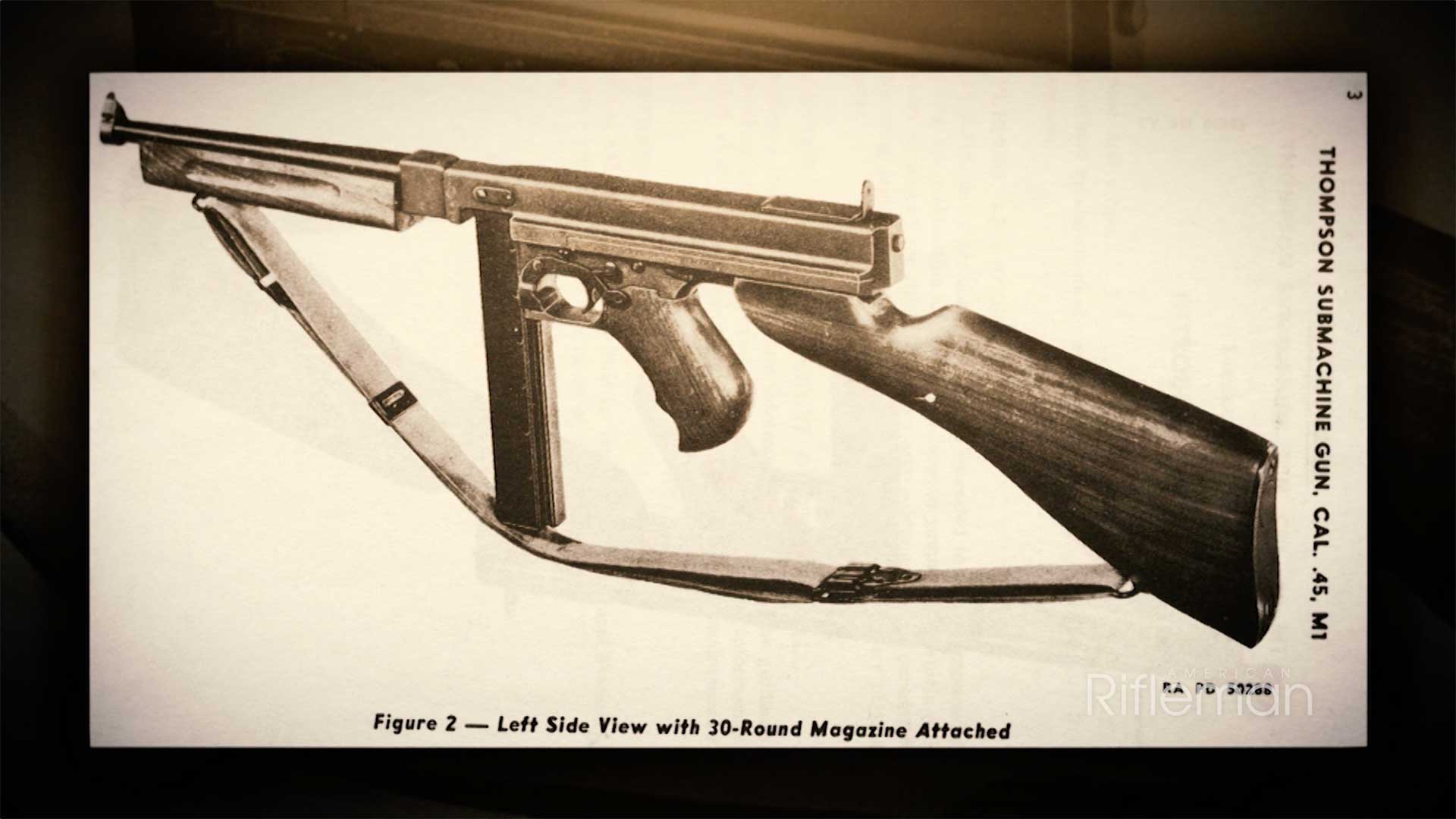 Left side of the M1 Thompson submachine gun shown with a 30-round magazine.