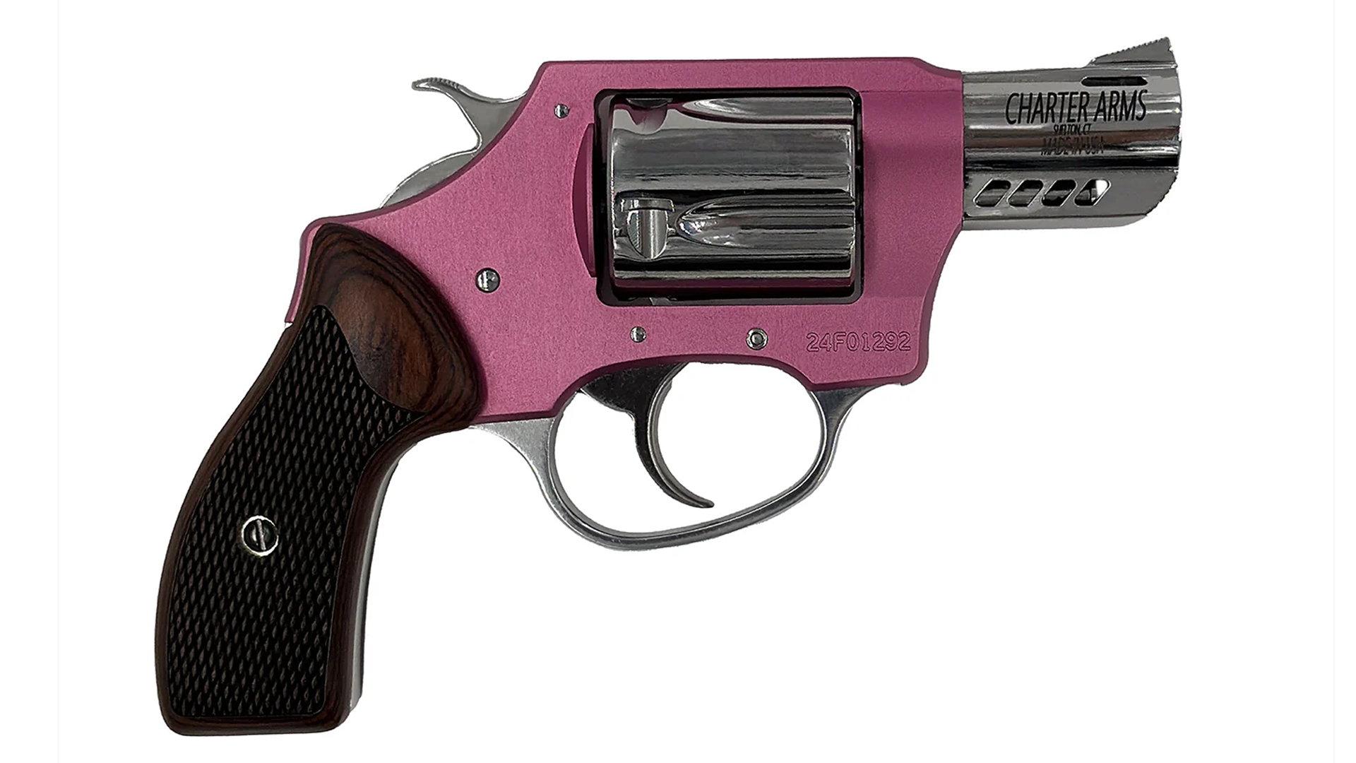 Right side of the pink Charter Arms Coyote revolver.