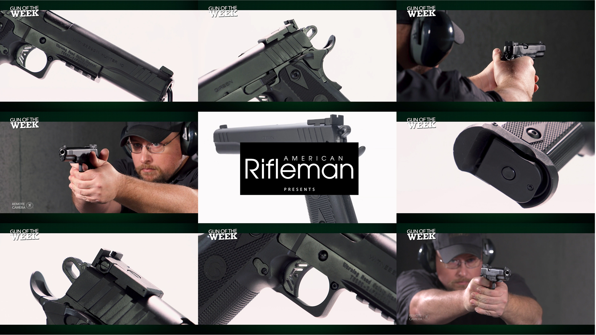 AMERICAN RIFLEMAN PRESENTS GUN OF THE WEEK text overlay mosaic tiles 9 image thumbnails gun european american armory girsan witness2311 handgun pistol 10 mm auto man shooting