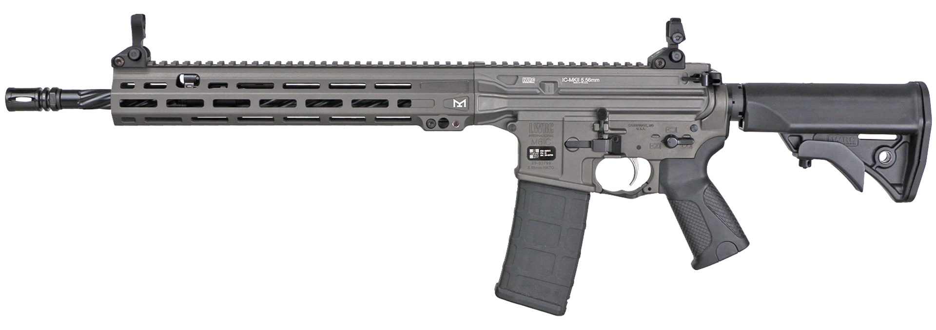 New For 2025: LWRC International Individual Carbine Mk II left-side view shown with M-Lok accessory slots Magpul sights white background