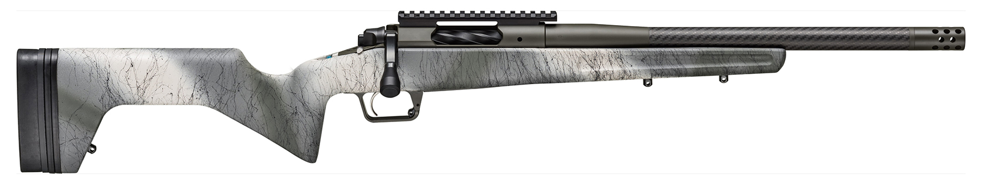 Springfield Armory Redline bolt-action rifle Grayboe camouflage stock carbon-fiber barrel right-side view on white