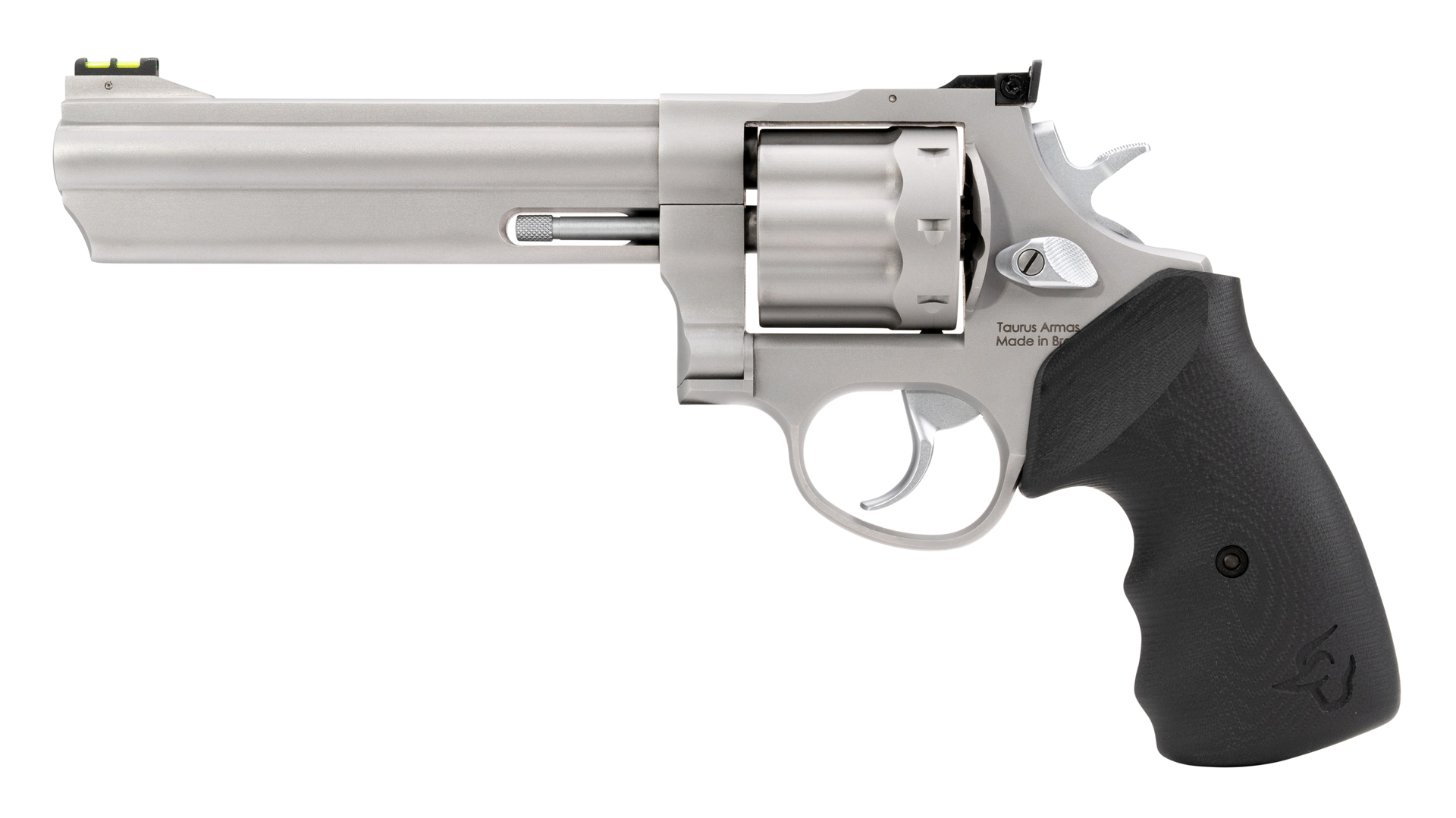 Left profile of the Taurus 608 Competition revolver with a silver, stainless-steel finish and all-black rubber grip.