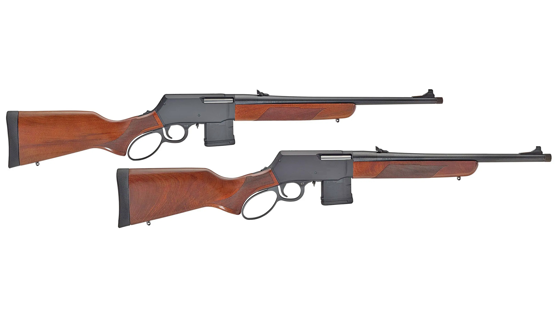 Two Henry Lever Action Supreme Rifles stacked on a white background.