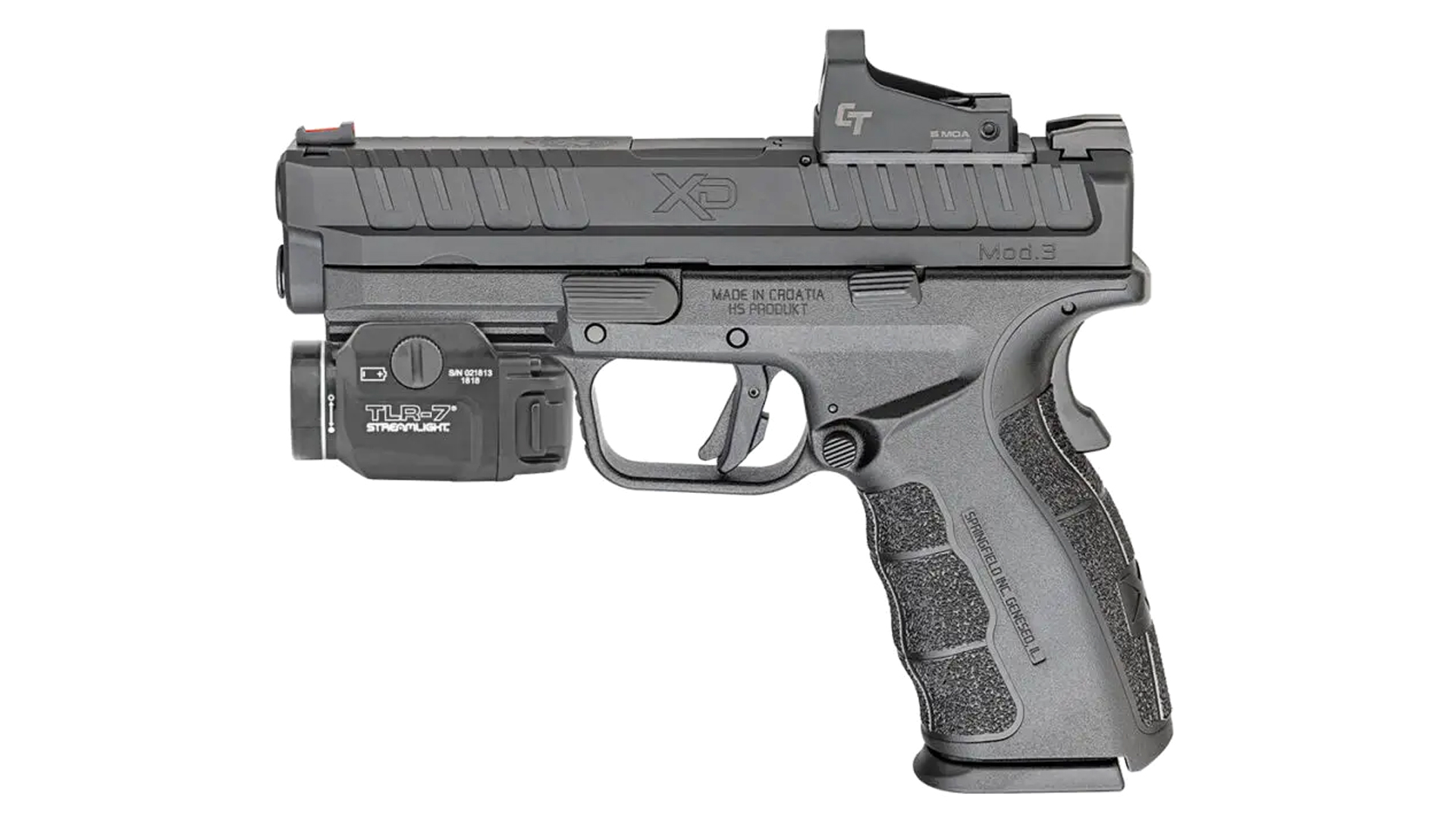 Left side of the Springfield XD Mod.3 OSP pistol equipped with a Crimson Trace red-dot sight and Streamlight TLR-7 weaponlight.