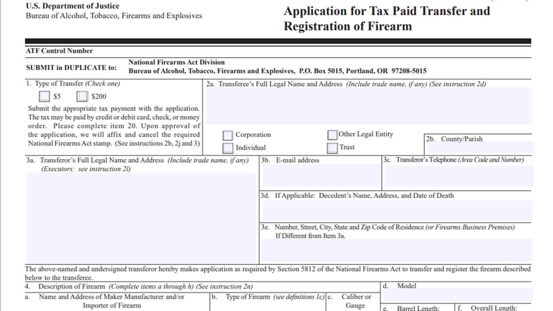 U.S. Departement of Justice Application for Tax Paid Transfer and Registration of Firearm
