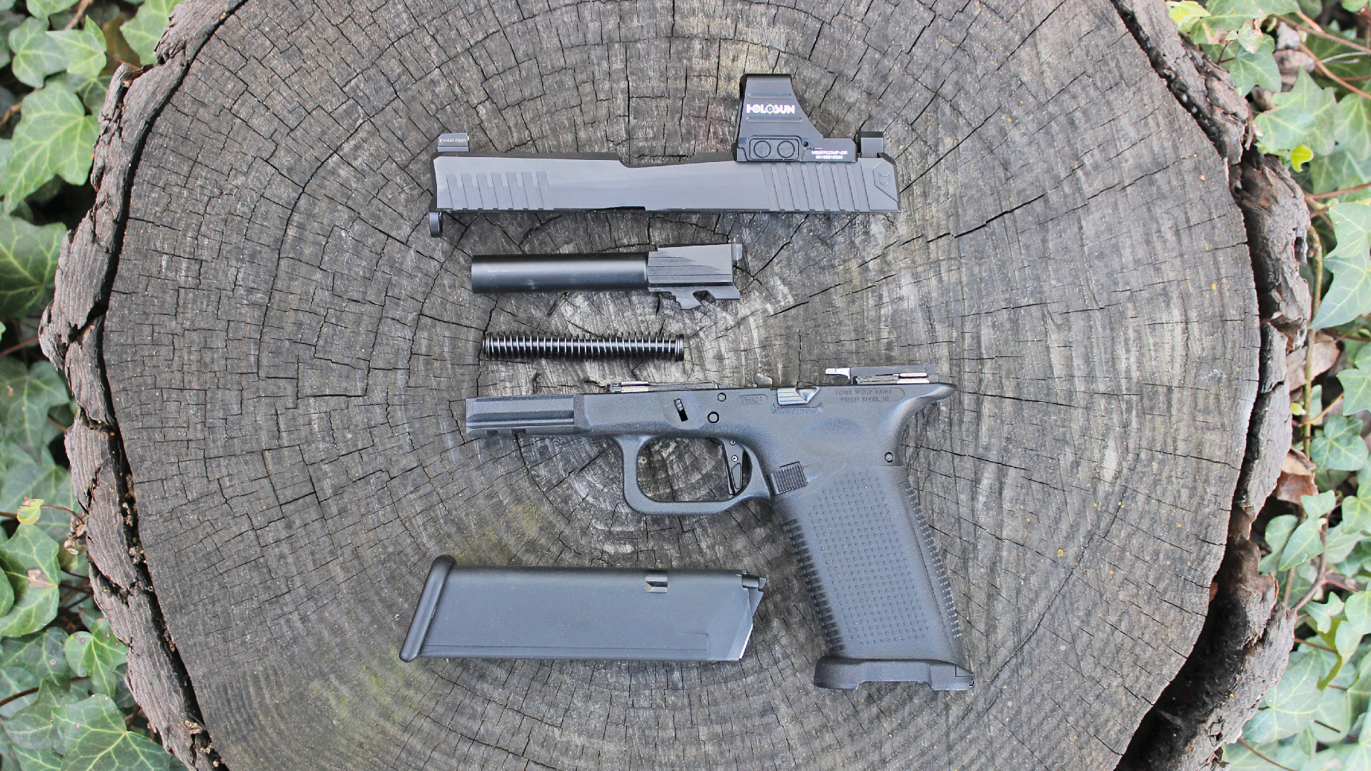 Lone Wolf Timberwolf 19X left-side view disassembled exploded view of parts slide barrel spring frame magazine arranged on round stump with ivy surrounding
