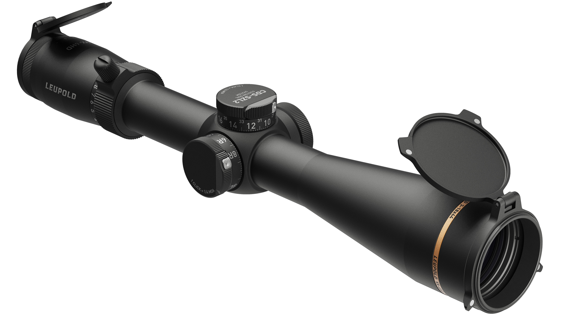 New For 2025: Leupold VX-6HD Gen 2 riflescope dynamtic right-side view black finish gold ring with flip-up caps