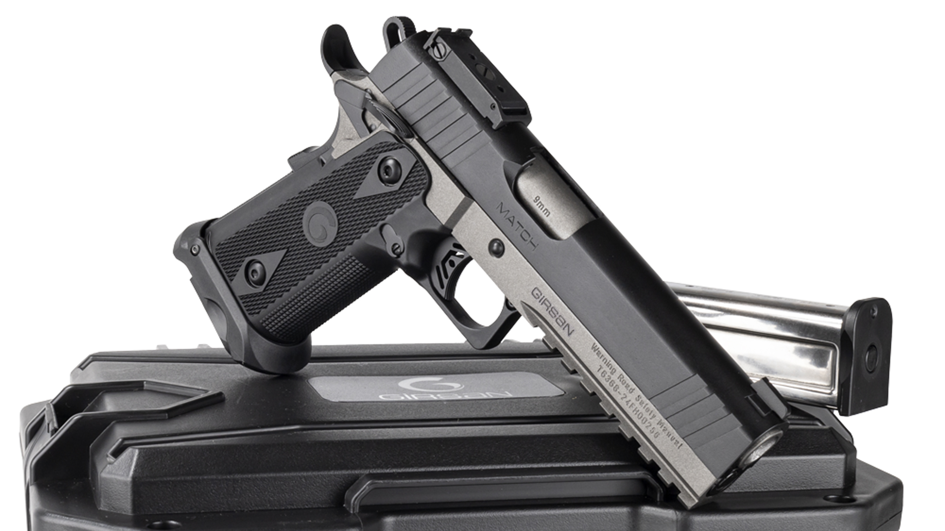 EAA Witness 2311 Match pistol shown resting on gun case box with stainless steel magazine