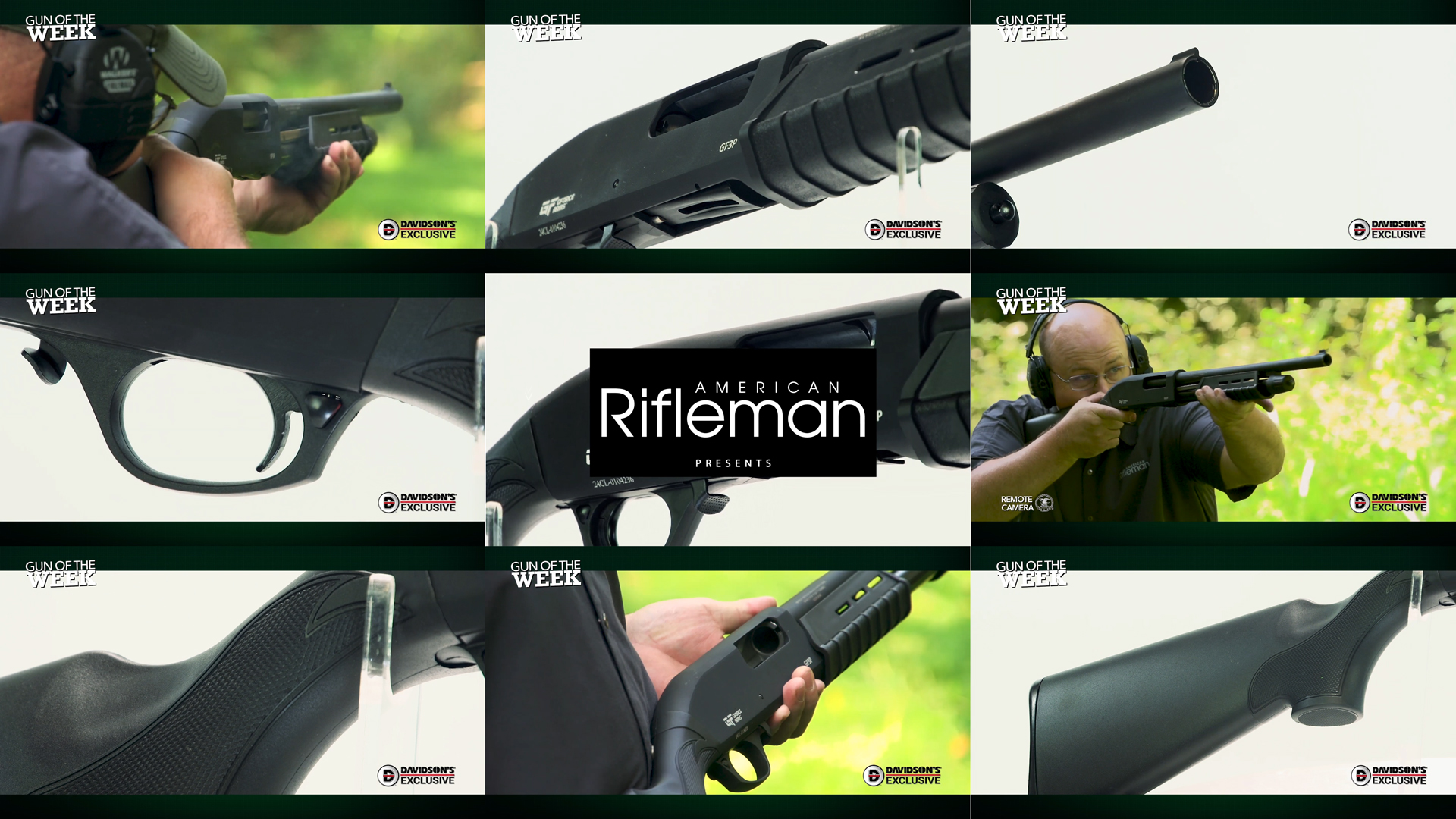 American Rifleman Presents Gun Of The Week mosaic tiles arrangement of nine images gforce arms shotgun outoors closeup shooting man outside