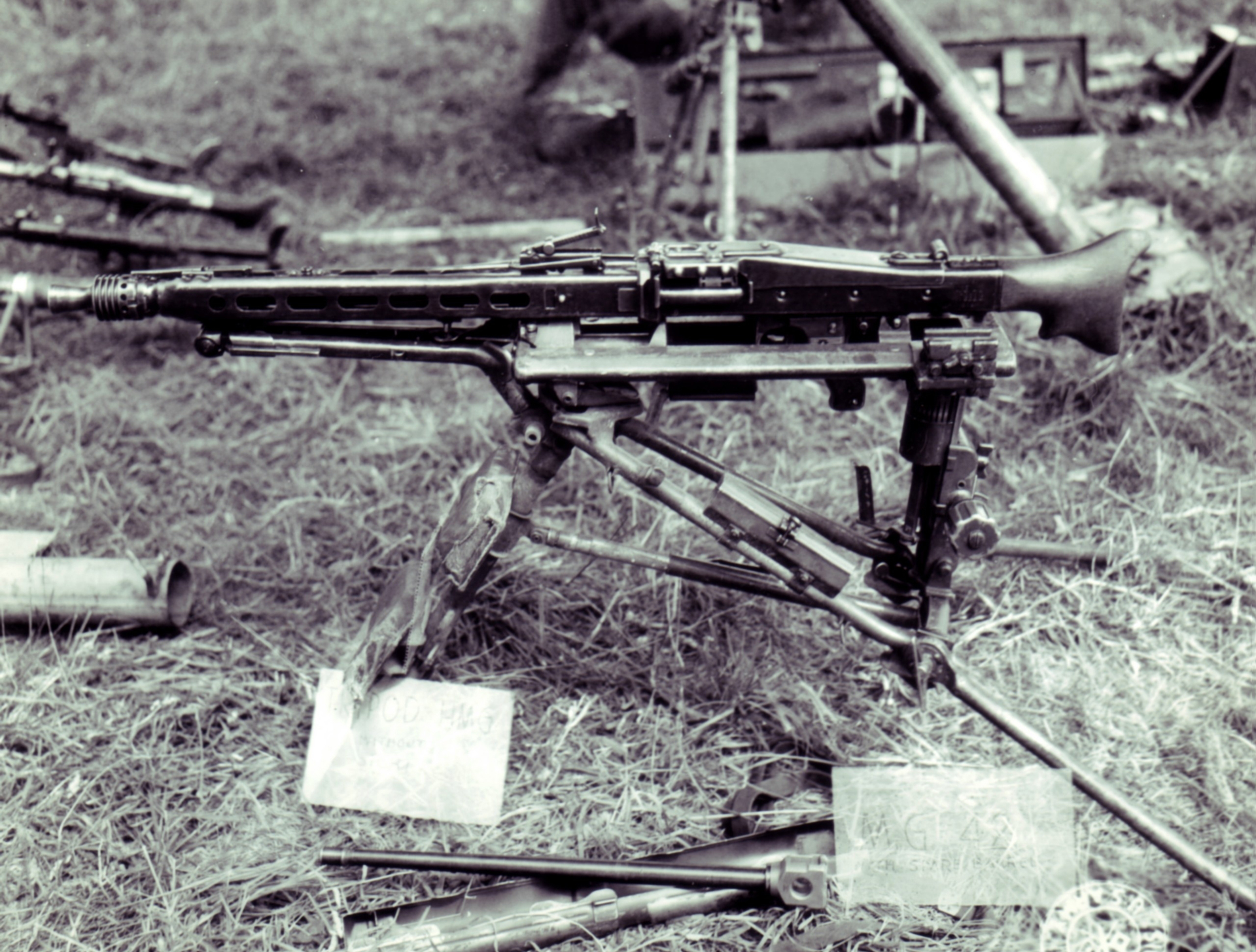 The GI hobgoblin: an MG42 at a captured German ordnance display in Normandy during July 1944. Photo courtesy of National Archives and Records Administration.NARA