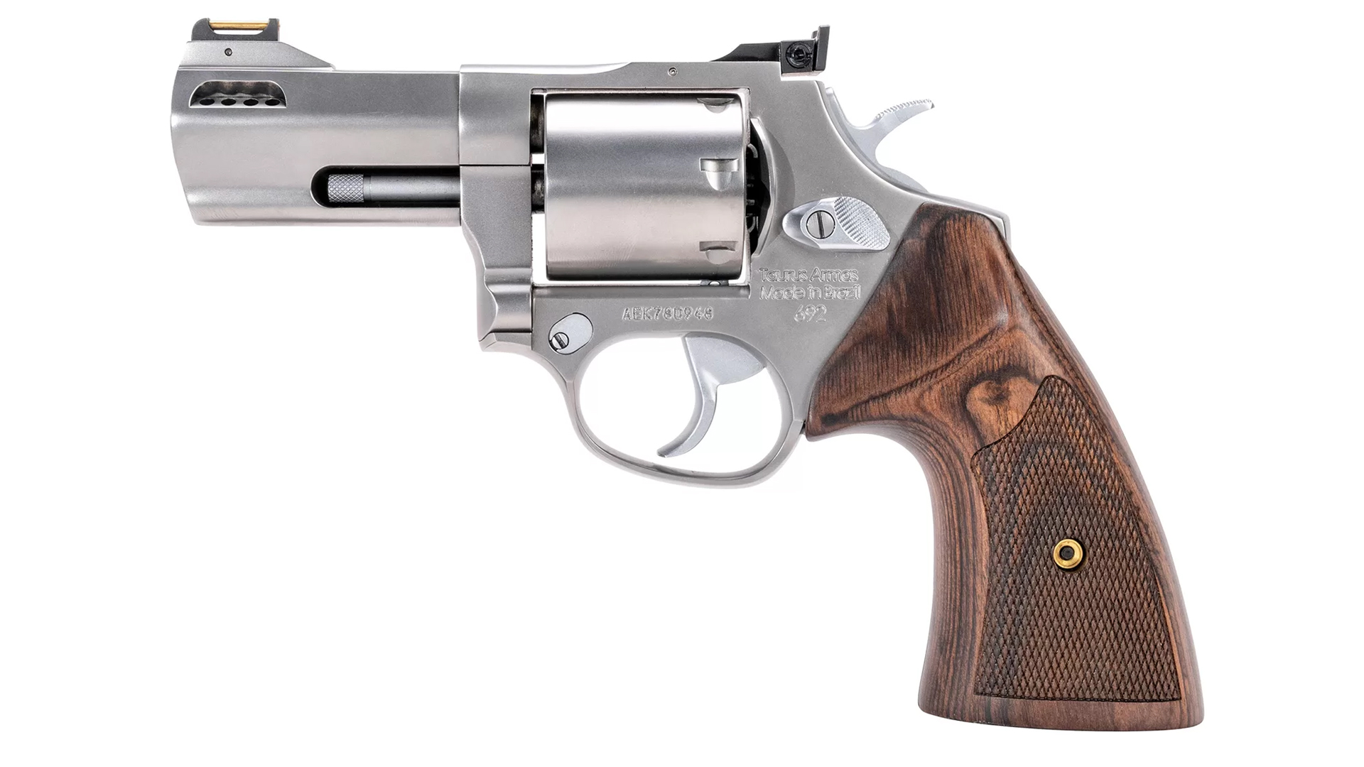 GUN OF THE WEEK: TAURUS 692 EXECUTIVE GRADE revolver stainless steel wood stocks left-side view on white