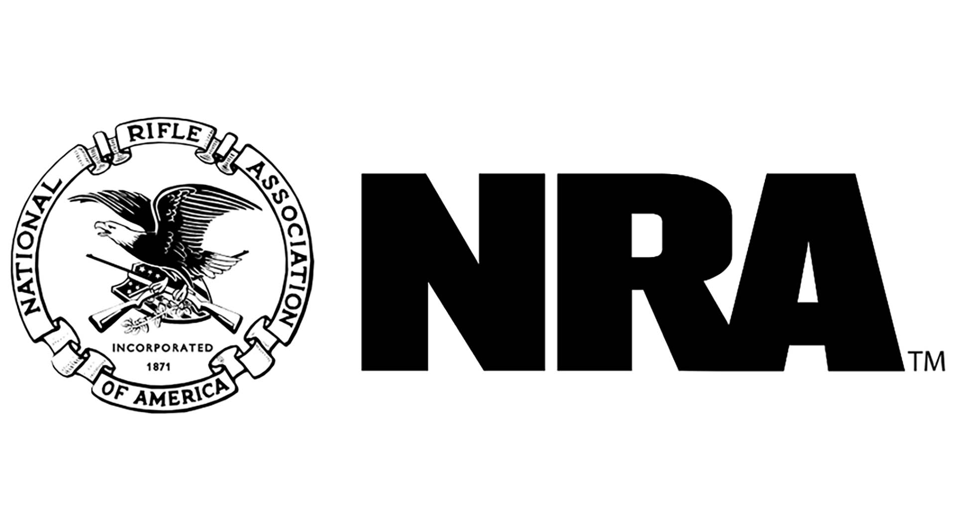 National Rifle Association of America logo black font NRA text on image eagle over crossed guns