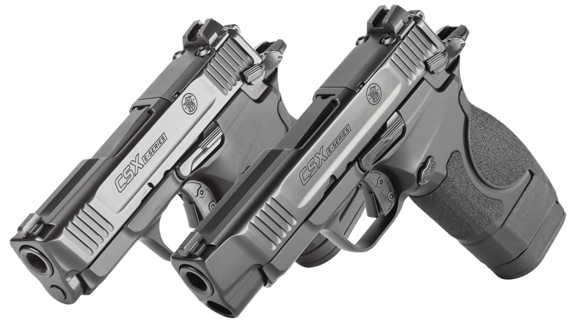 Left side of the two Smith & Wesson CSX E-Series handguns, with the longer-barreled model in front.