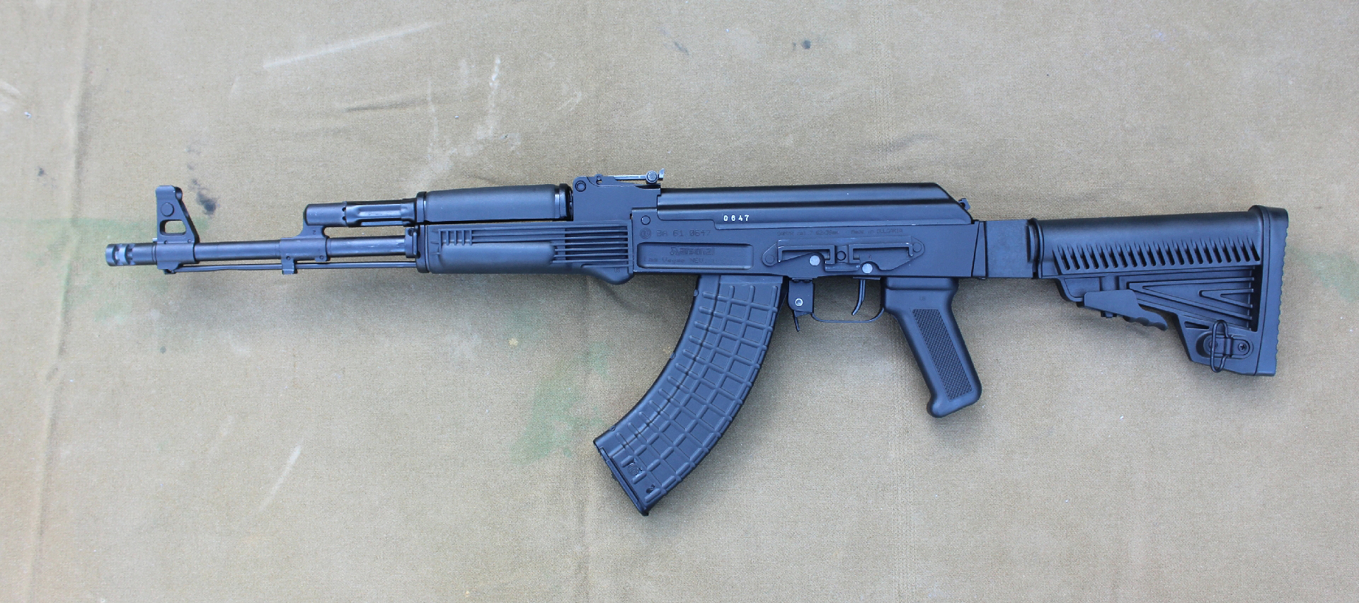 Left-side view Arsenal Inc SAM7R-67T semi-automatic rifle black gun AK-47-style carbine