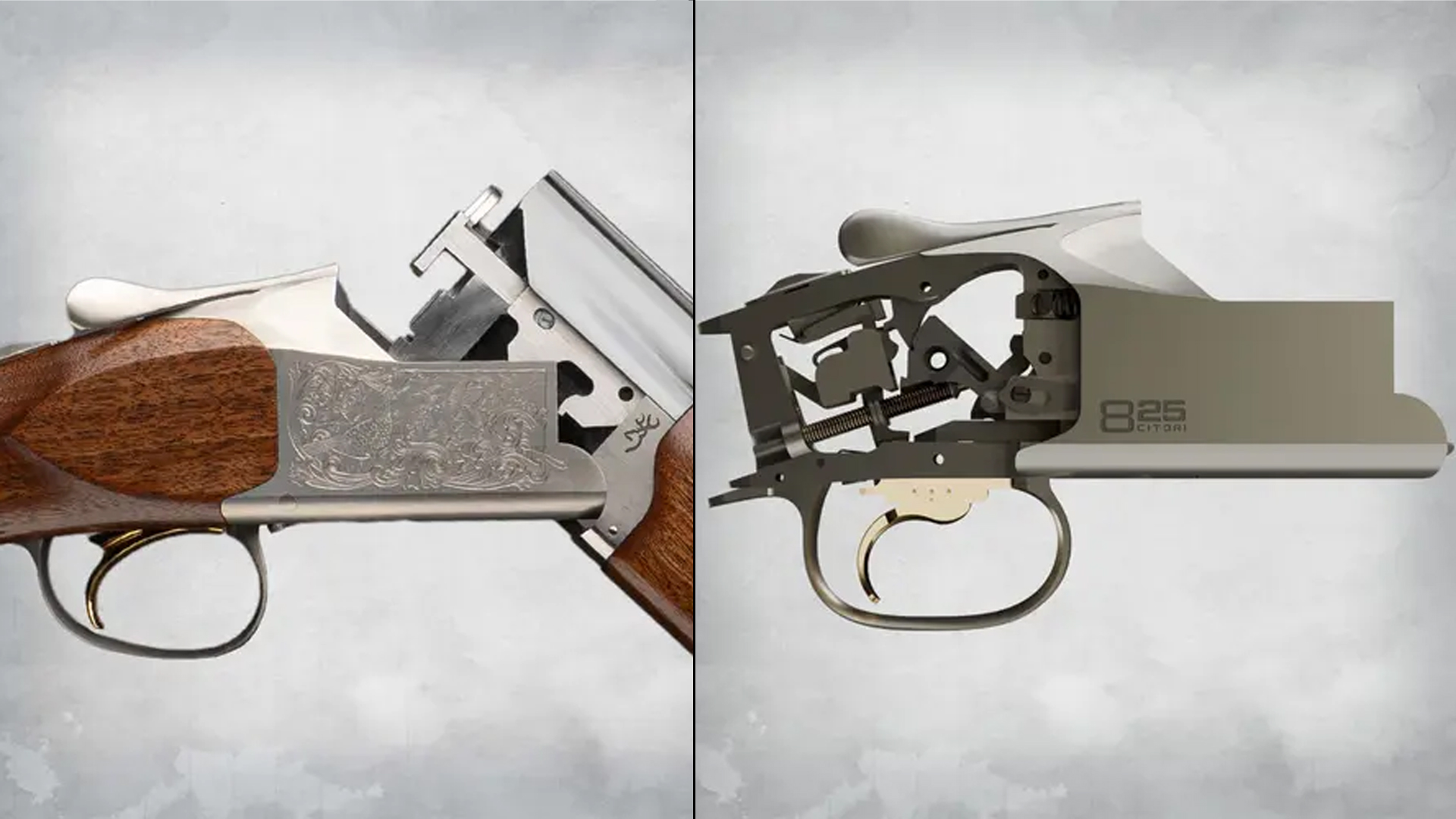 3D rendering of the receiver design of the Browning 825 Citori shotgun.