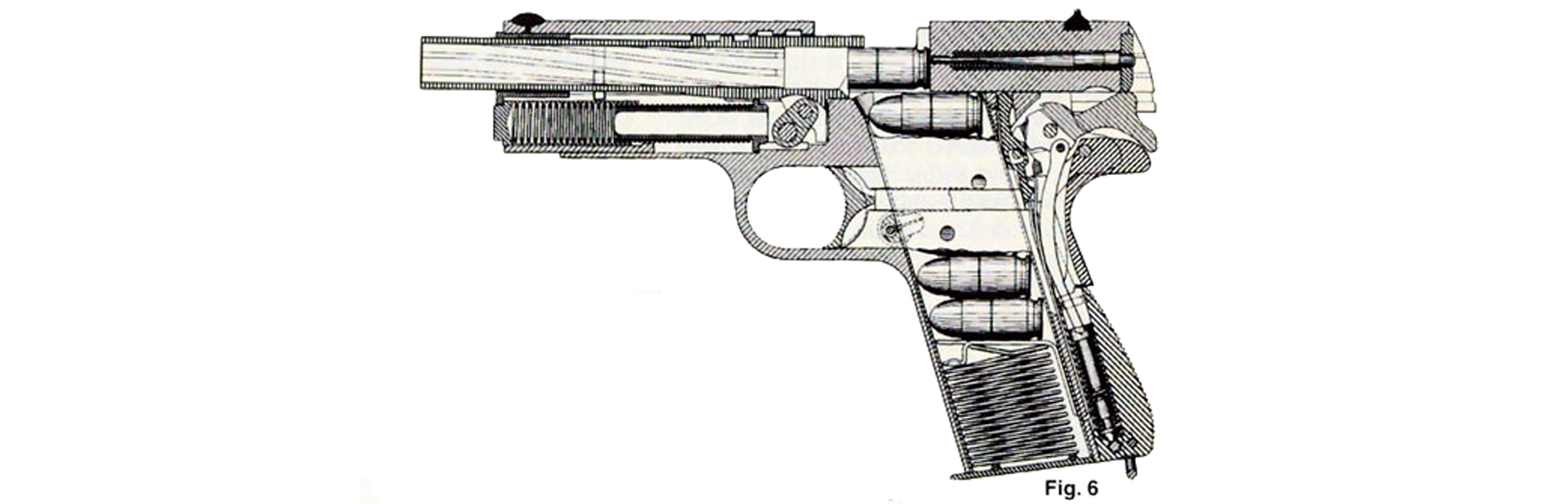 M1911 left-side line drawing x-ray view showing fired case extraction phase