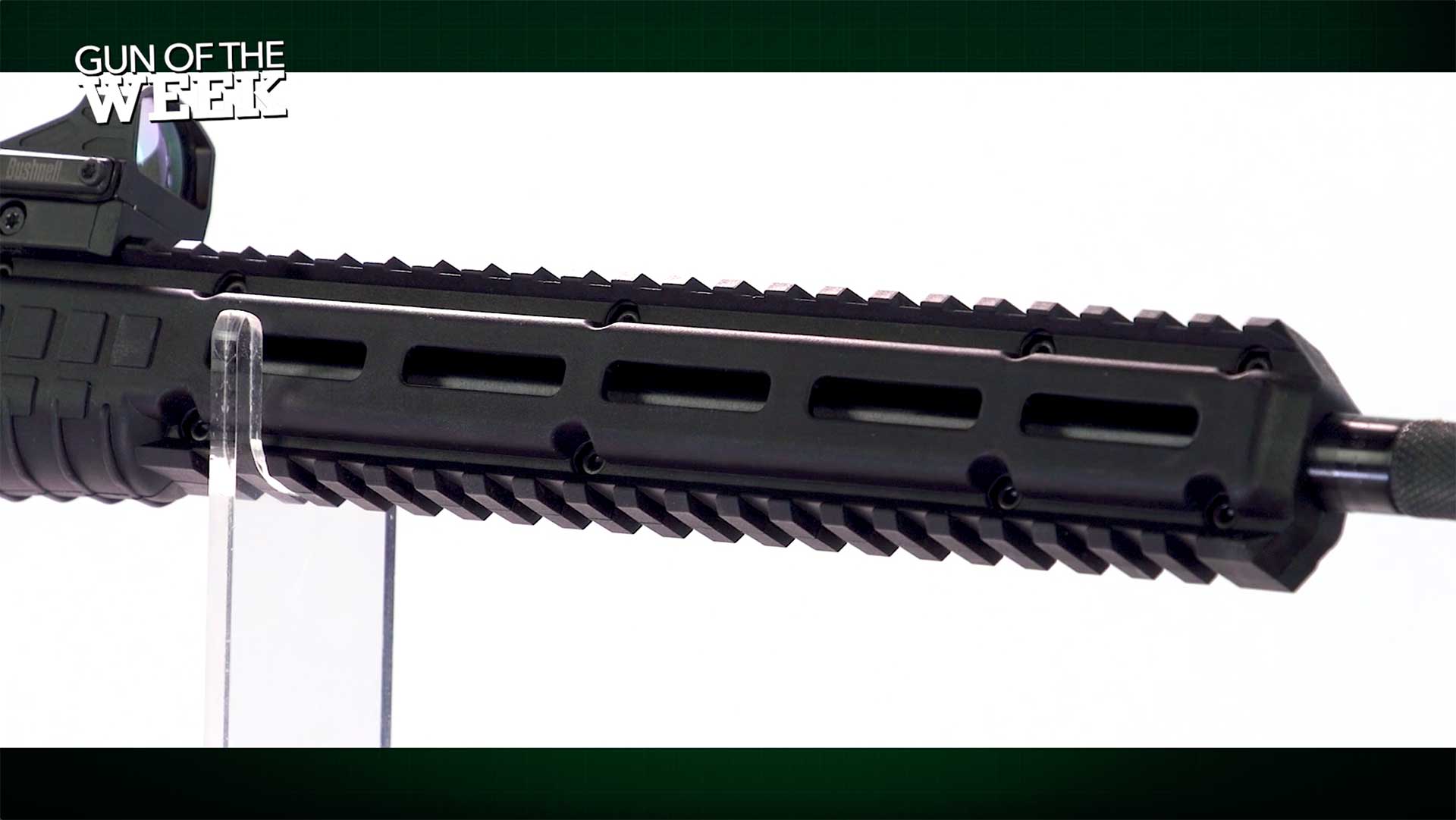 Handguard of the black KelTec SUB2000 GEN3 pistol-caliber carbine, showing M-Lok slots and Picatinny rails.