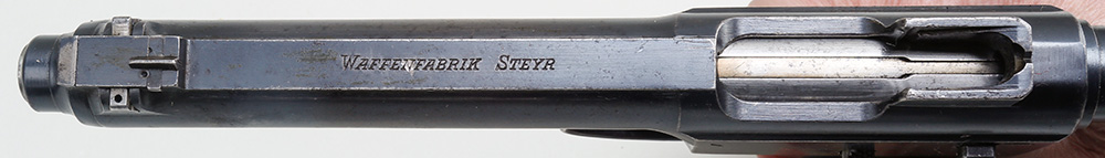 Roth-Steyr Model 1907 top-down view of chamber barrel slide sights