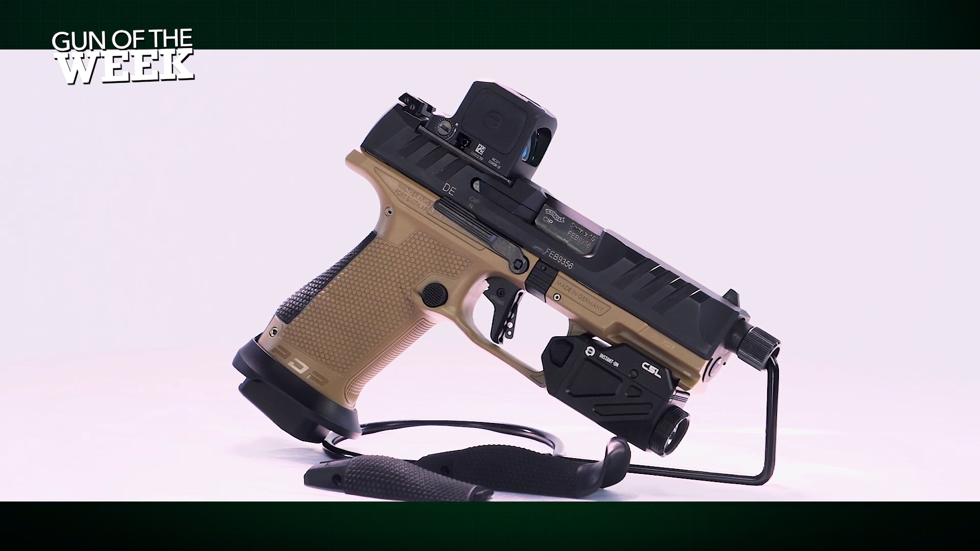 Walther Firearms Performance Duty Pistol right-side view gun tan trijicon red-dot light 9 mm GUN OF THE WEEK text on image