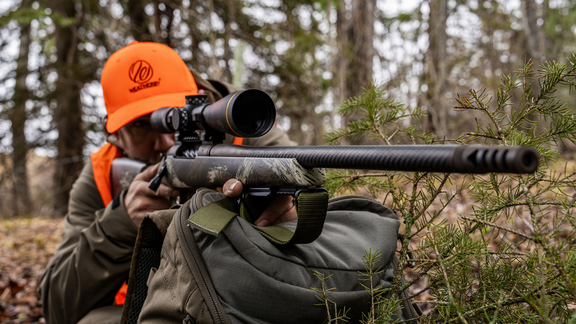 An orange-hatted hunter aims a Weatherby Alpine CT off a backpack rest within the woods.