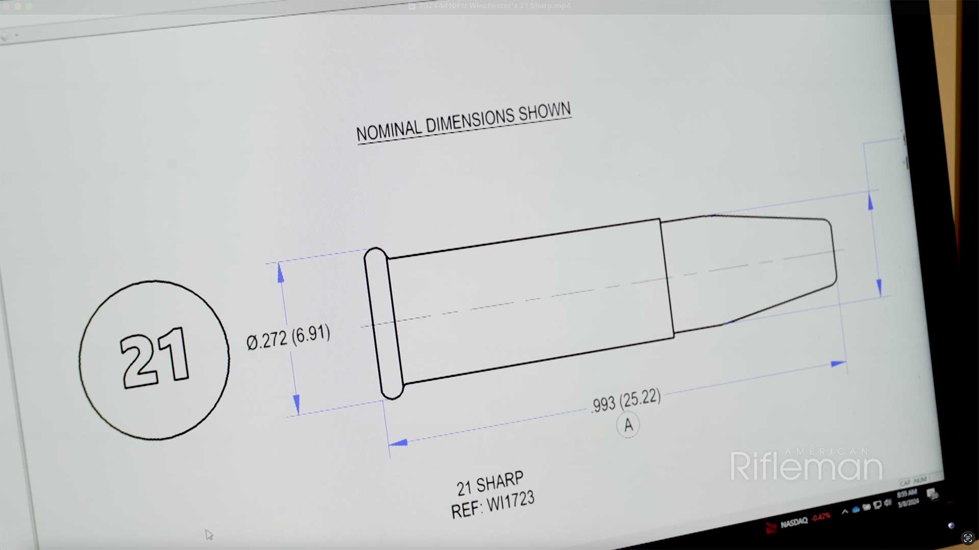 Computer rendering of the .21 Sharp cartridge dimensions.