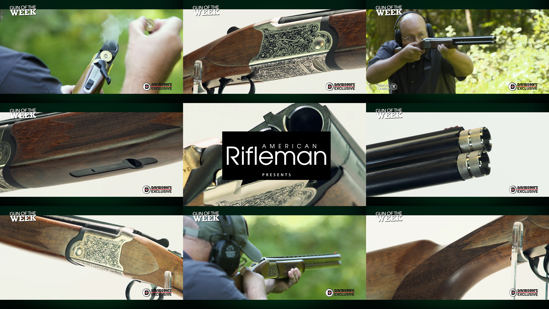 AMERICAN RIFLEMAN PRESENTS GUN OF THE WEEK tiles mosaic detail images of GForce Arms GF5 Plush over-under shotgun man shooting outdoors barrels silver engraved receiver extended choke tubes shell extractor