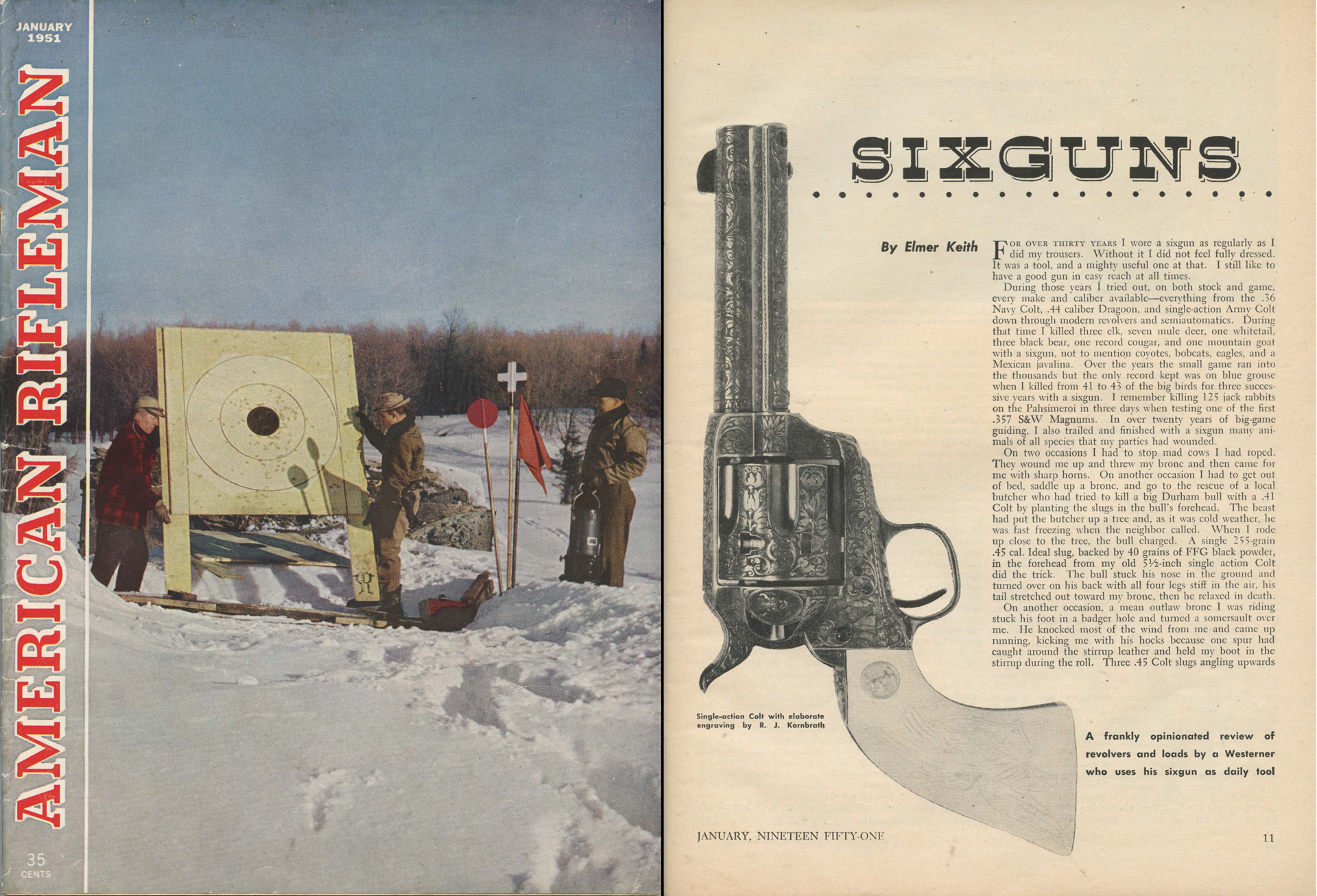 American Rifleman magazine cover image on left inside page 11 SIXGUNS text on right showing engraved revolver magazine story