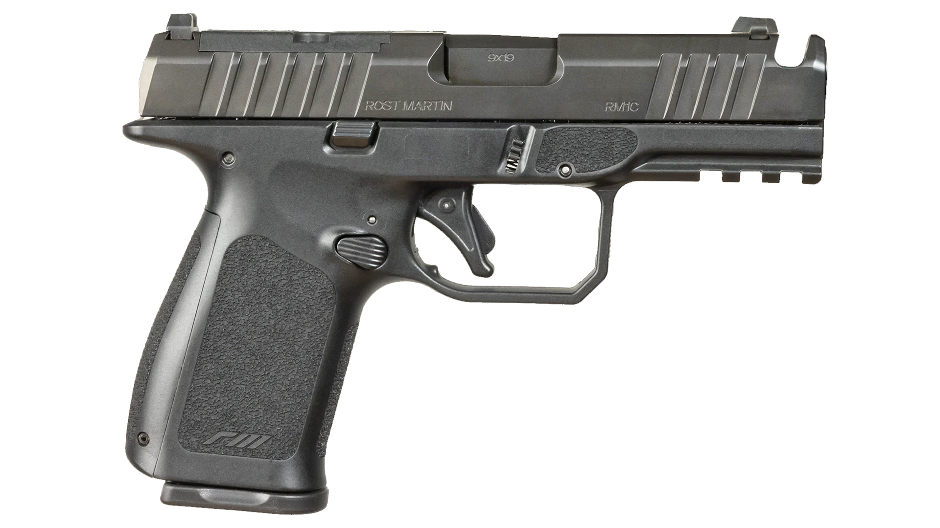 Right side of the all-black Rost Martin RM1C Comped pistol.