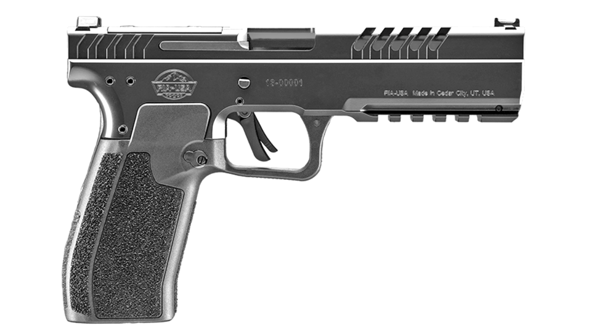 Right-side profile shot of the all-black Rock Island Armory 5.0E pistol.