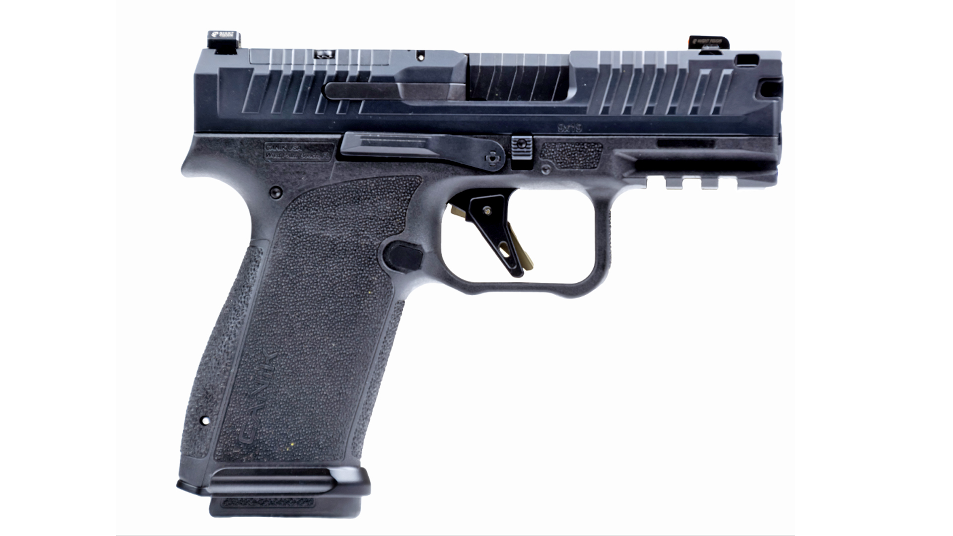 Right side of the all-black Canik Mete MC9 Prime handgun.