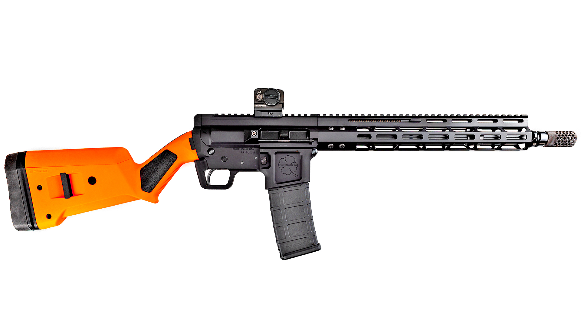 Right-side profile shot of the FM Products Ranch Rifle with an orange Remington 870 shotgun buttstock and a red-dot optic.