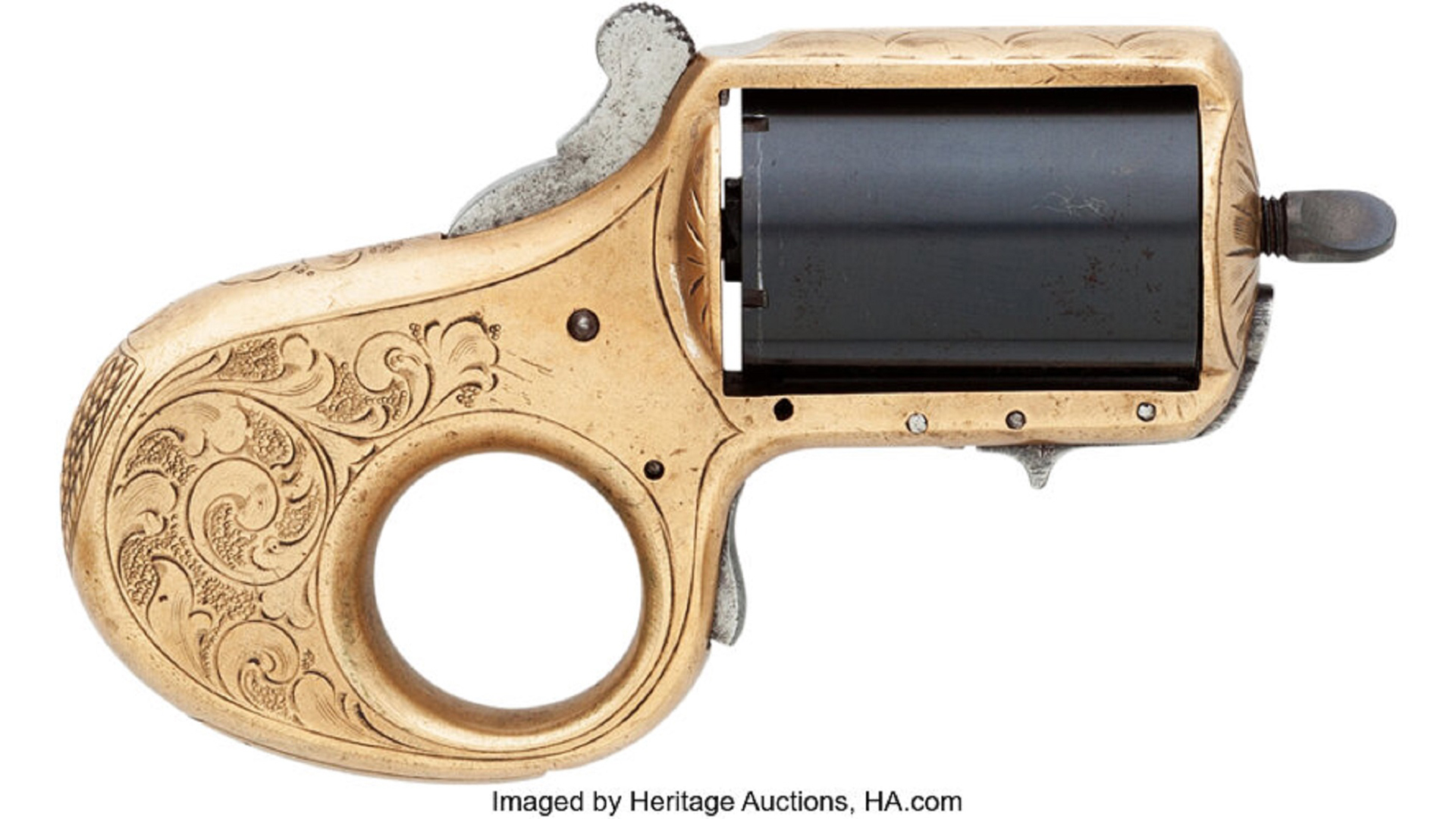 James Reid knuckle-duster revolver right-side view brass frame black cylinder text on image noting IMAGED BY HERITAGE AUCTIONS, HA.COM