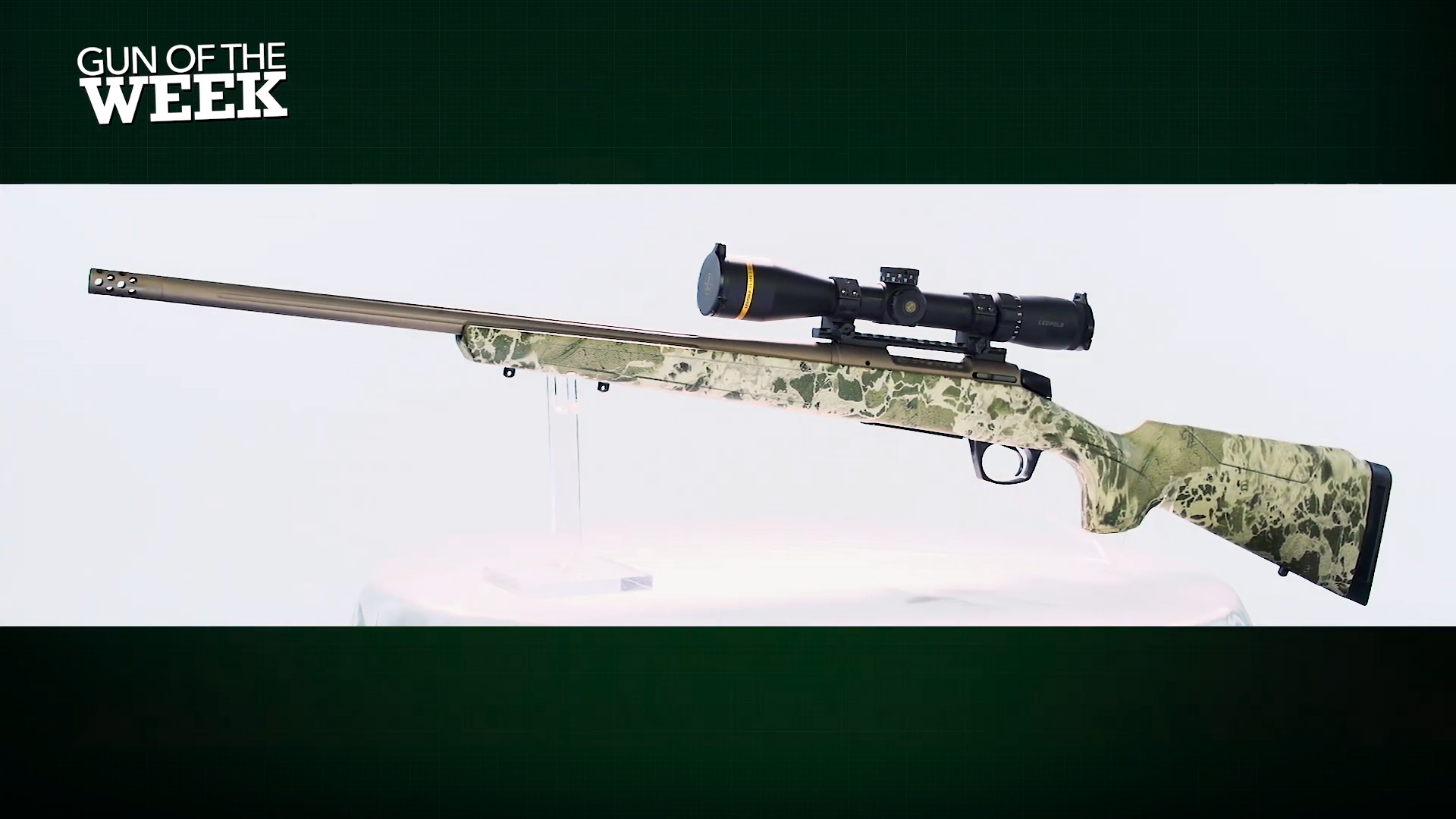 CVA Cascade LRH bolt-action hunting rifle left-side view camouflage stock black leupold riflescope smoked bronze cerakote barrel GUN OF THE WEEK text on image