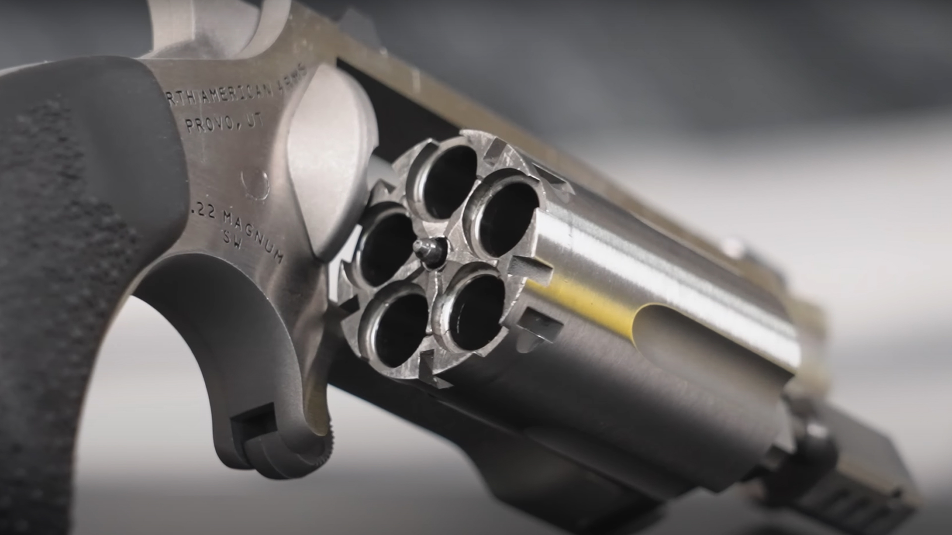 Rear view of the swing-out cylinder on the North American Arms Sentinel revolver.