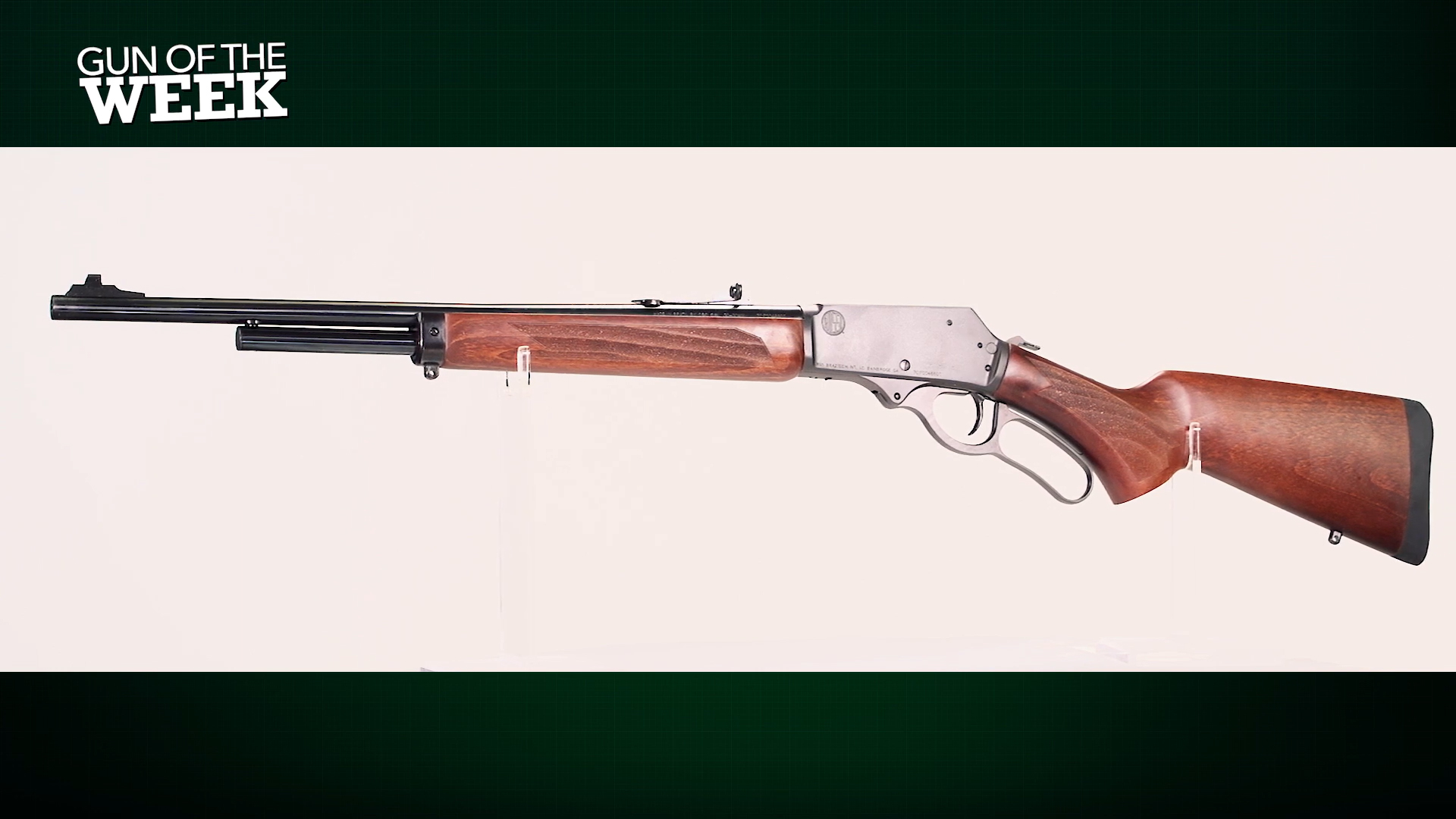 GUN OF THE WEEK text overlay Rossi USA R95 lever-action rifle left-side view wood stock gun