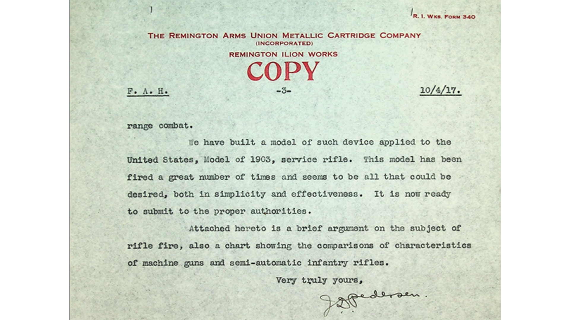 John Pedersen, while also developing a full-power semi-automatic rifle, determined that the M1903 bolt action rifle could be adapted, using an "automatic bolt," for rapid short range firing