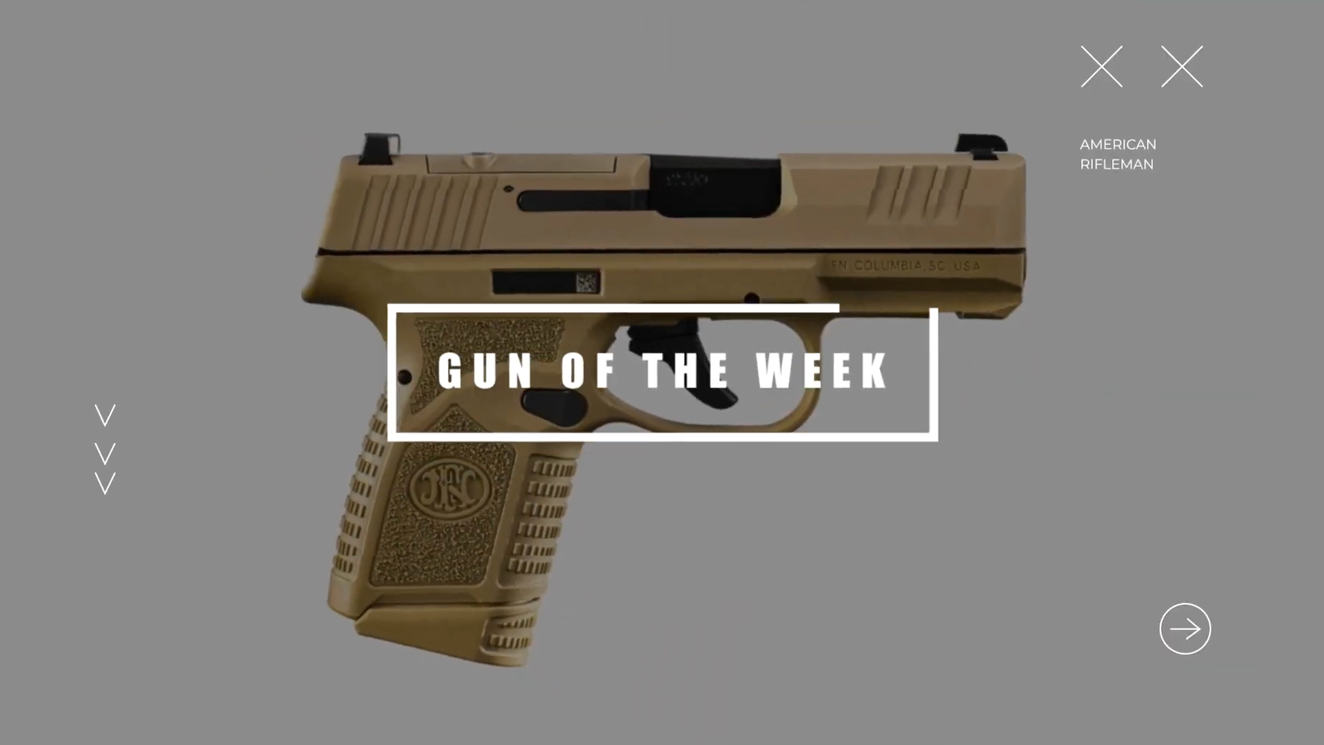 American Rifleman GUN OF THE WEEK title screen text overlay FN Reflex MRD handgun FDE color right-side view