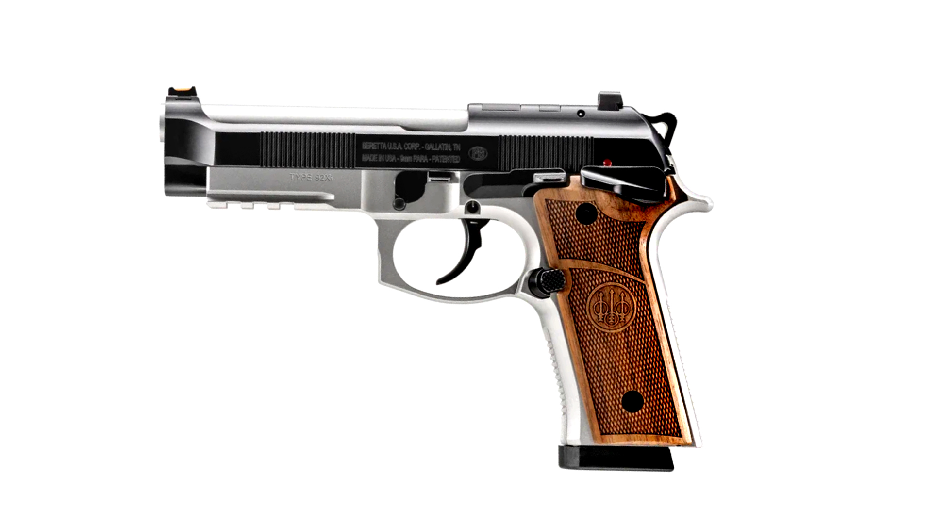Left side of the Beretta 92GTS Launch Edition, with a two-tone black and silver finish, along with wood grips.
