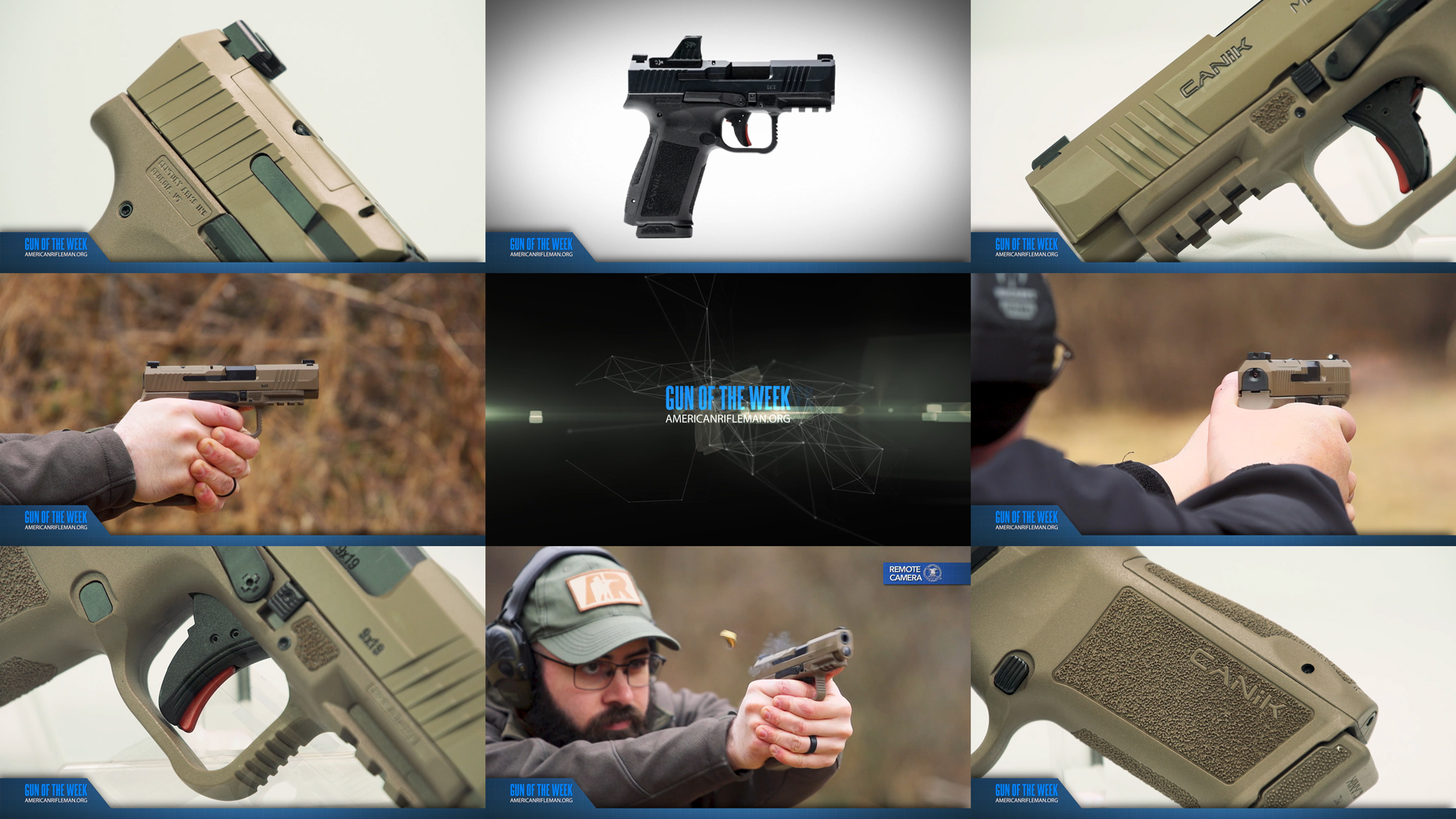 Gun Of The Week Canik Mete MC9LS tiles arrangement nine images pistol 9 mm gun tan color man shooting outdoors