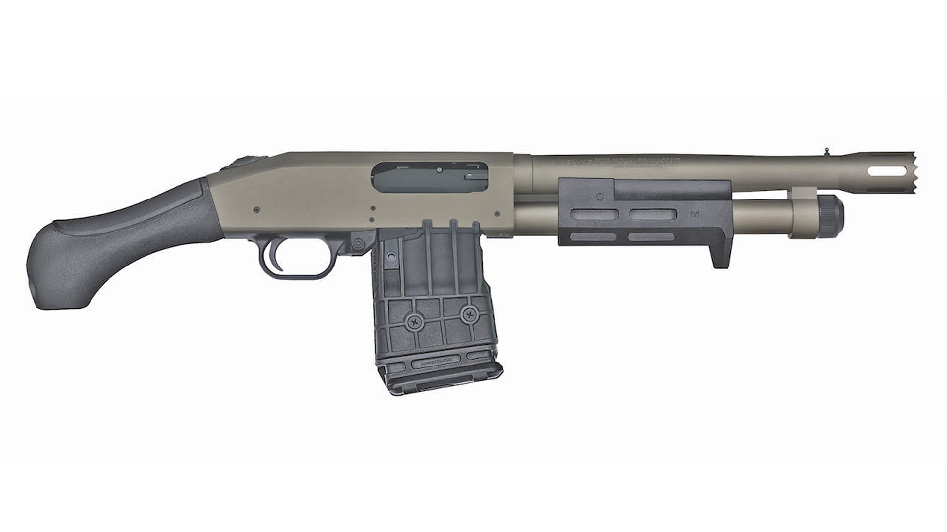 Mossberg's 590M Breacher model shown with all-black furniture and a shortened, detachable box magazine.