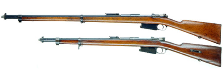 Masuer bolt-action rifles, two, left-side view on white background, carbine and musket