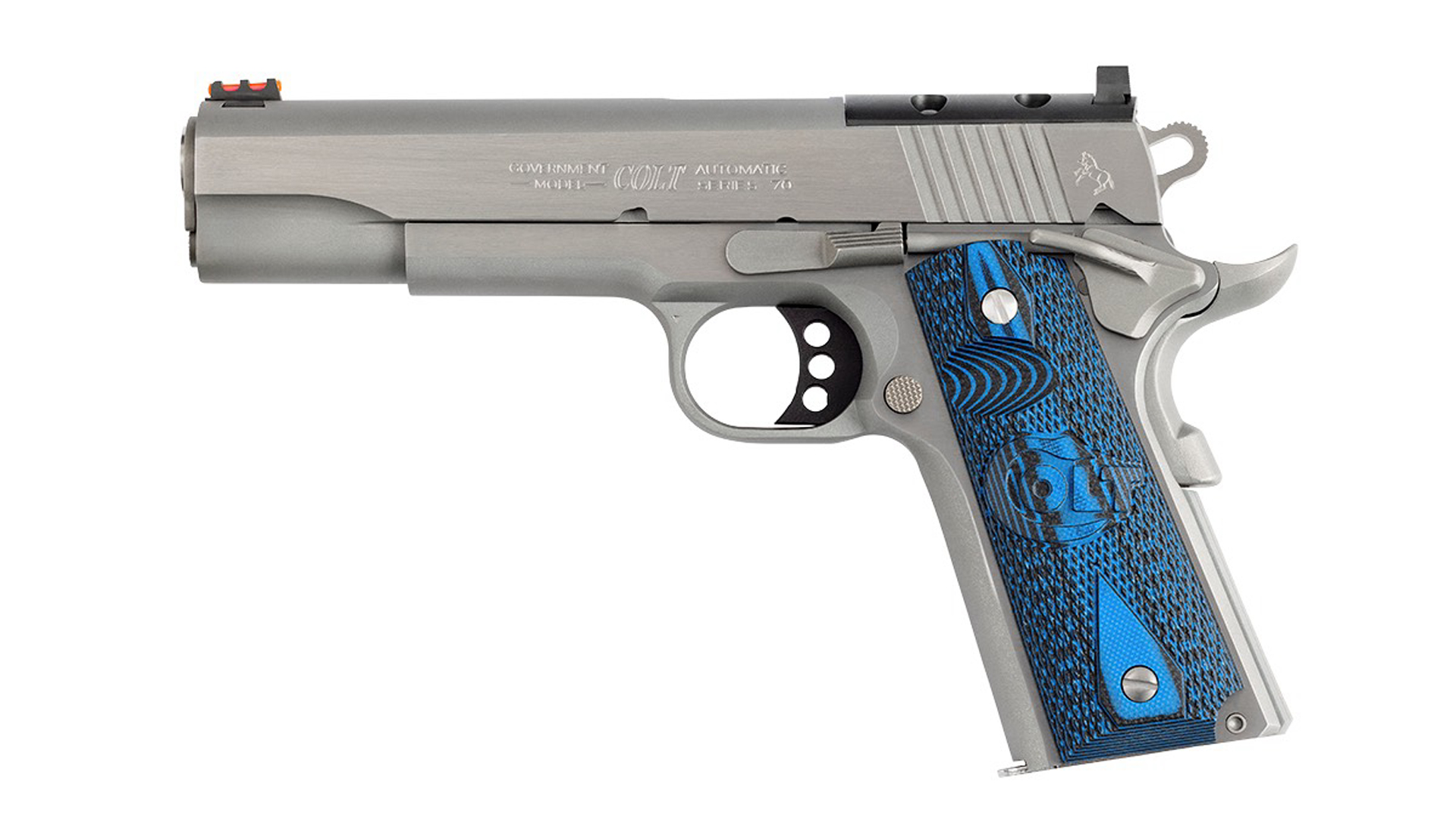 Left side of the Colt Optics-Ready Competition 1911 in stainless steel with blue stocks.